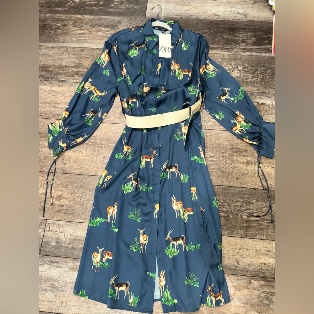 Zara Blue Printed Long Sleeve Midi Shirt Dress - Picture 8 of 8